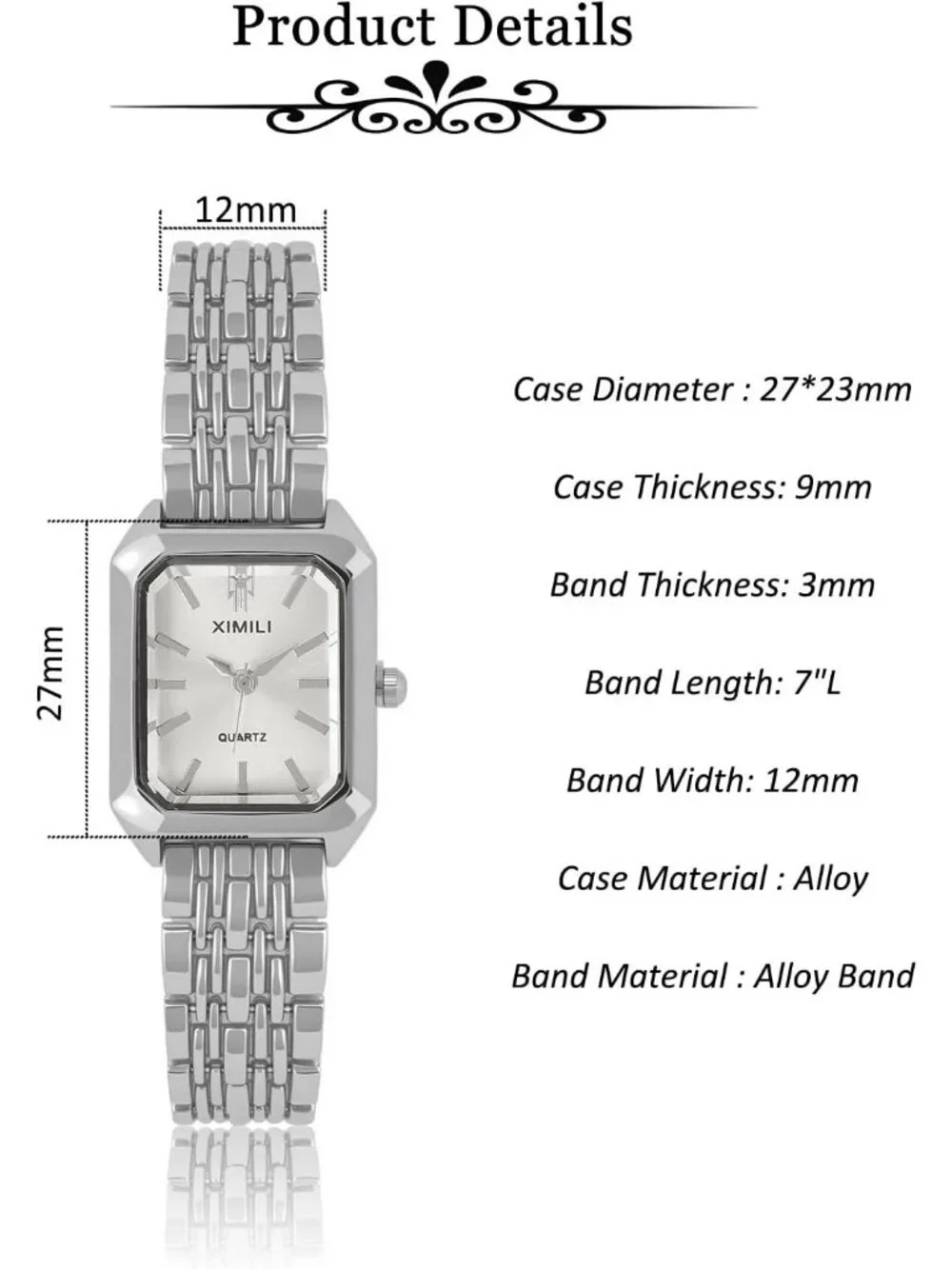 Women's Silver Quartz Rectangular Case Metal Bracelet Band Analogue Wrist Watch